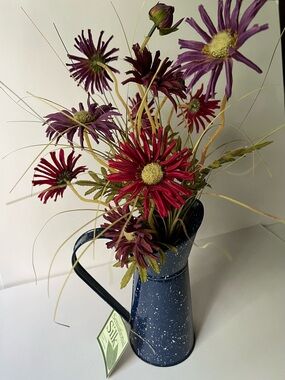 Artificial Purple & Red Daisy Bouquet in Blue Speckled Pitcher by Sensation Silk